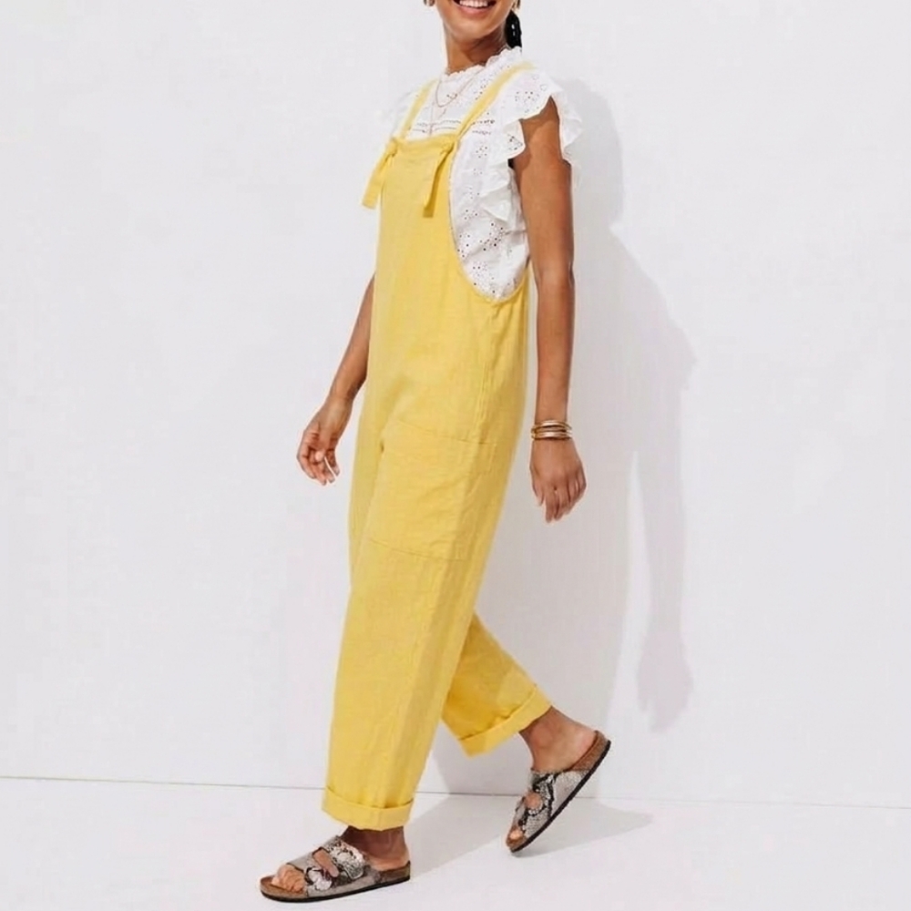 Simon’s Icone Cotton Linen Straight Leg Overalls Size XS Yellow Casual Boho